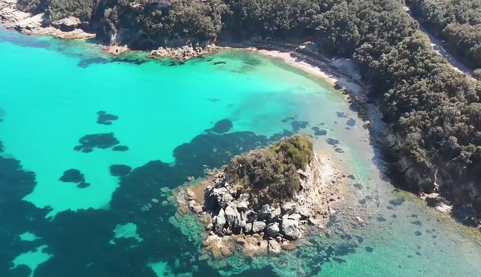 An aerial view of a turquoise Elba cove edged by rocks, a sandy beach and woodland