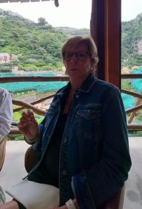 A client in glasses speaking at an outdoor table overlooking green hills