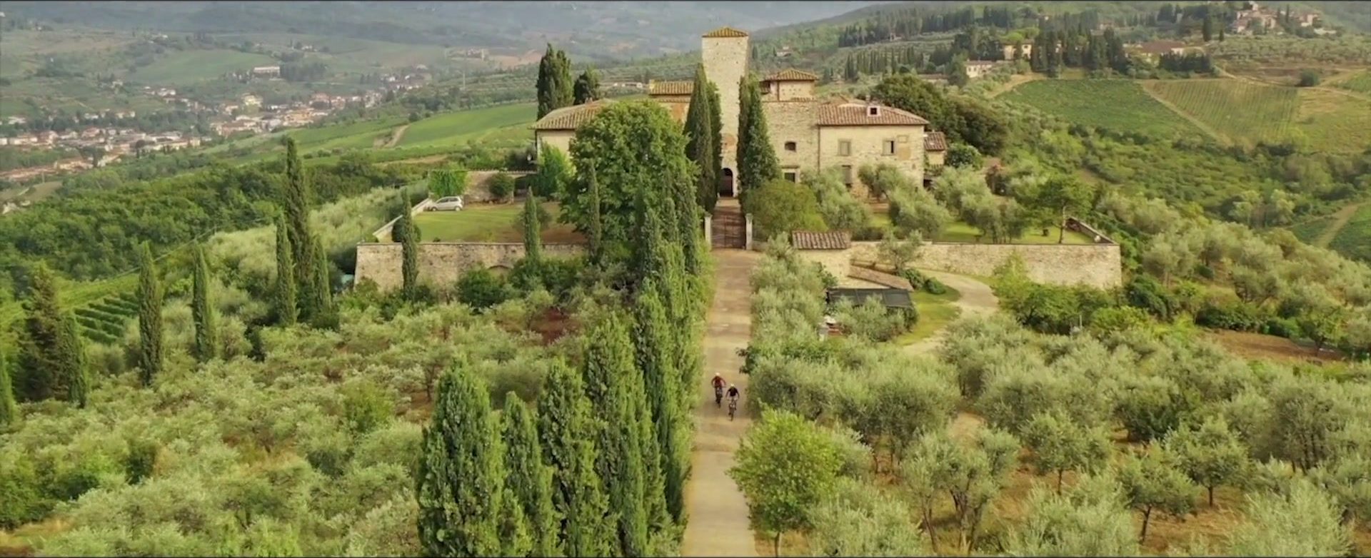 A cypress-lined avenue leading to a Tuscan stone estate among olive groves and green hills