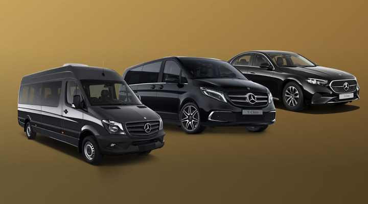 I nostri tre veicoli Mercedes-Benz neri — Sprinter, V-Class ed E-Class — su fondo dorato